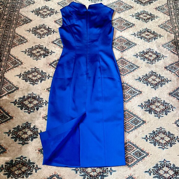 Stunning Karen Millen Electric Blue Satin Folded Collar Sleeveless Dress Size 4 - Picture 10 of 16